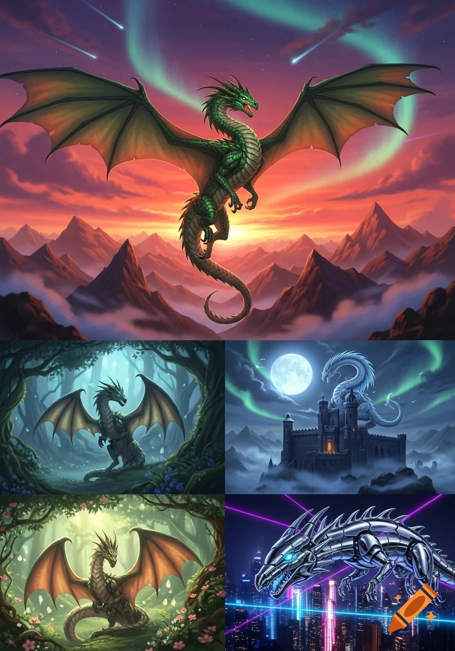 A collage of five fantasy digital art pieces depicting dragons in ...
