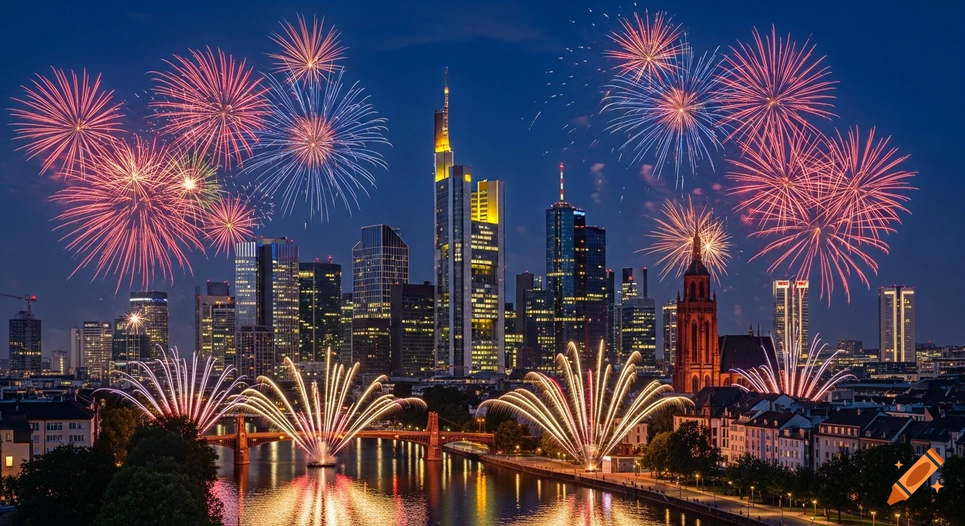 A vibrant night cityscape of Frankfurt with a towering skyline, a bridge over a reflective river, and colorful fireworks exploding in the dark sky.