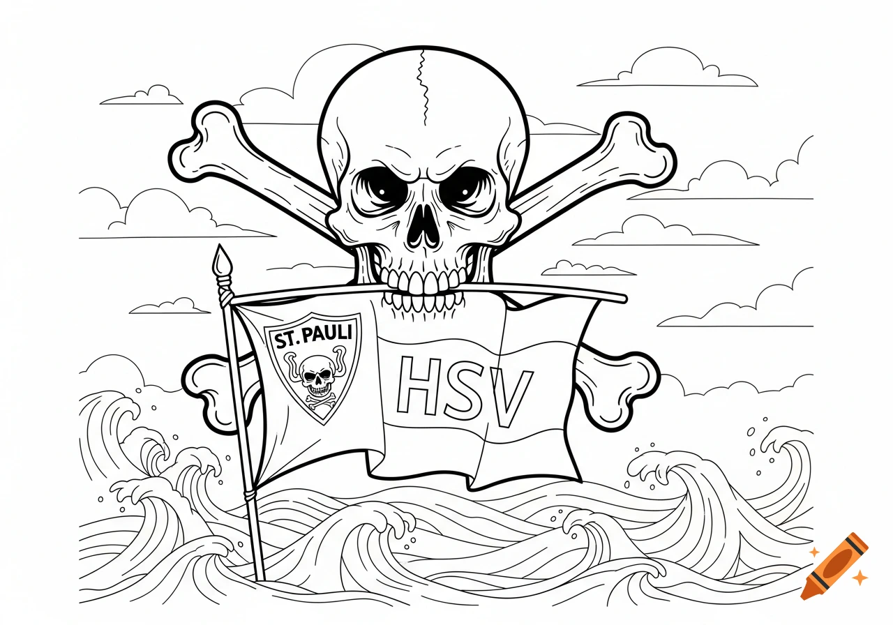 A line art coloring book illustration of a skull and crossbones holding a flag with 'ST. PAULI' and 'HSV' text above crashing waves and clouds.