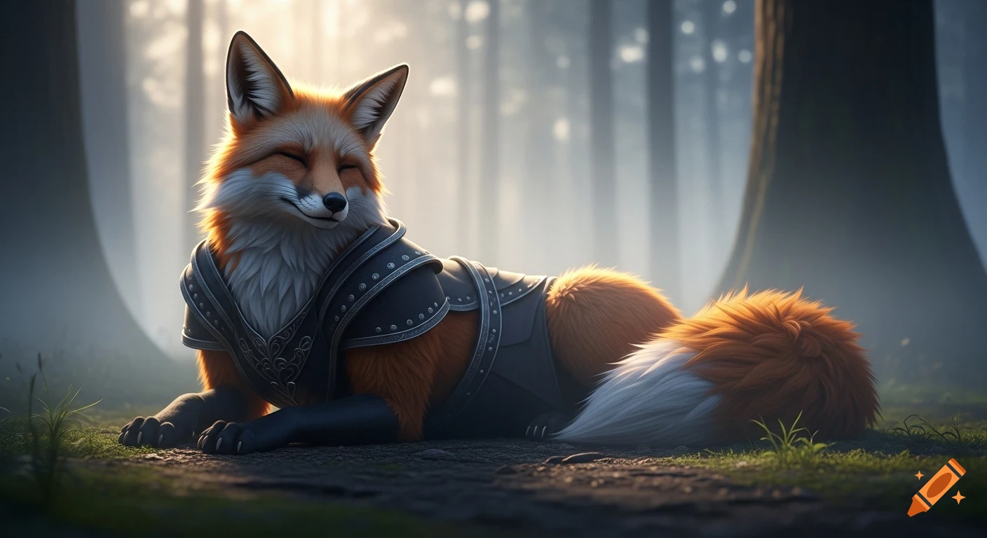 An anthropomorphic fox in dark fantasy armor lies calmly on misty forest ground at dawn.