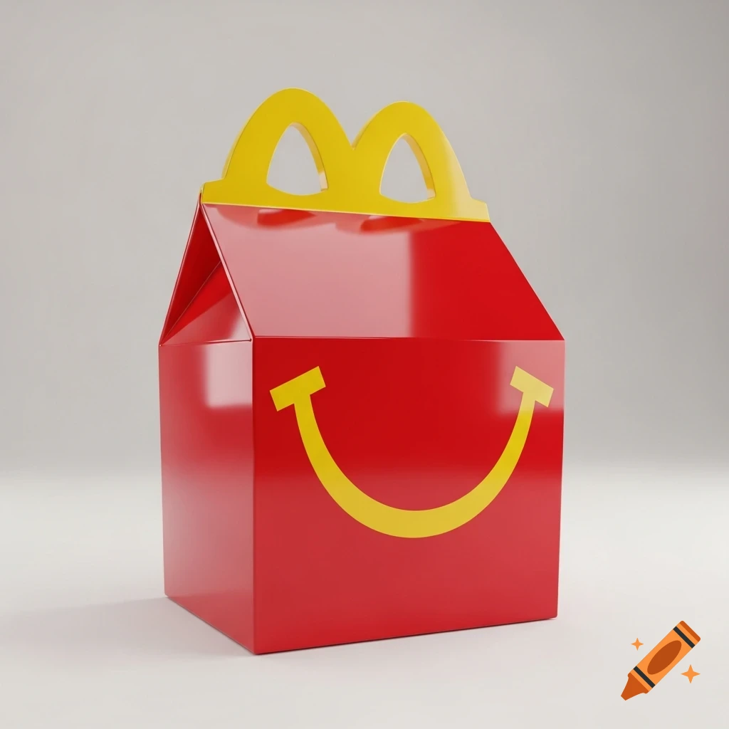 A 3D rendered red McDonald's Happy Meal box with a yellow smile on the front and golden arches on top.