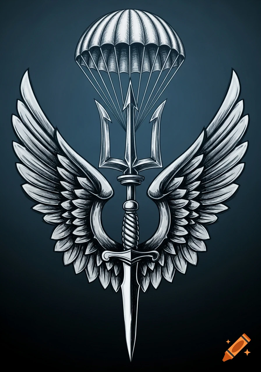 A detailed illustration of a military-style emblem featuring a parachute, wings, a dagger, and a trident, in cool gray tones on a dark background.