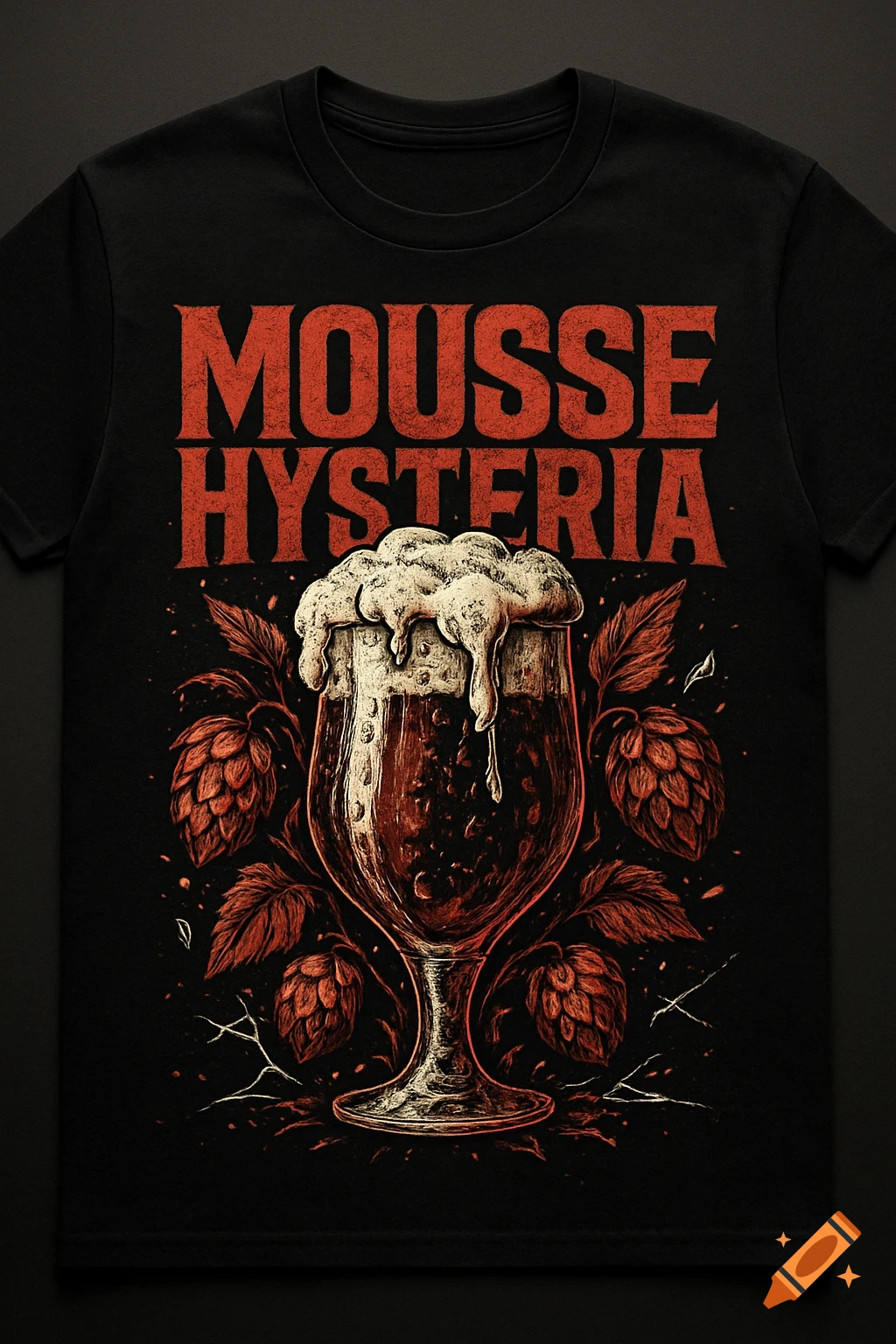 Black t-shirt with a red and black rock/metal style graphic featuring a frothy beer glass, hops, and 'MOUSSE HYSTERIA' text.