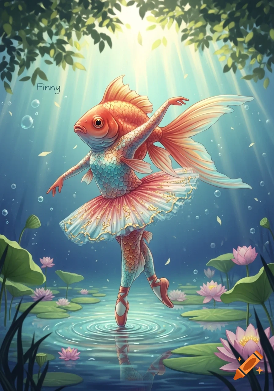 A fantasy illustration of a goldfish with a human-like ballerina body, named Finny, dancing on pointe in a pond among water lilies.