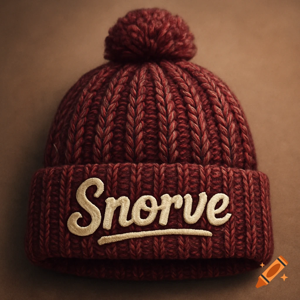A close-up of a reddish-brown knitted beanie with a pom-pom, featuring the word "Snorve" embroidered in cream on the cuff.