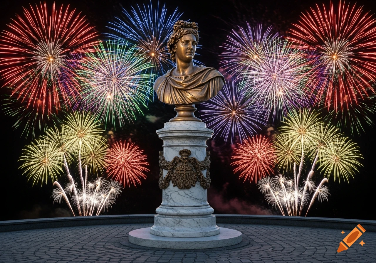 A bronze bust on a marble pedestal against a dark night sky filled with colorful fireworks.