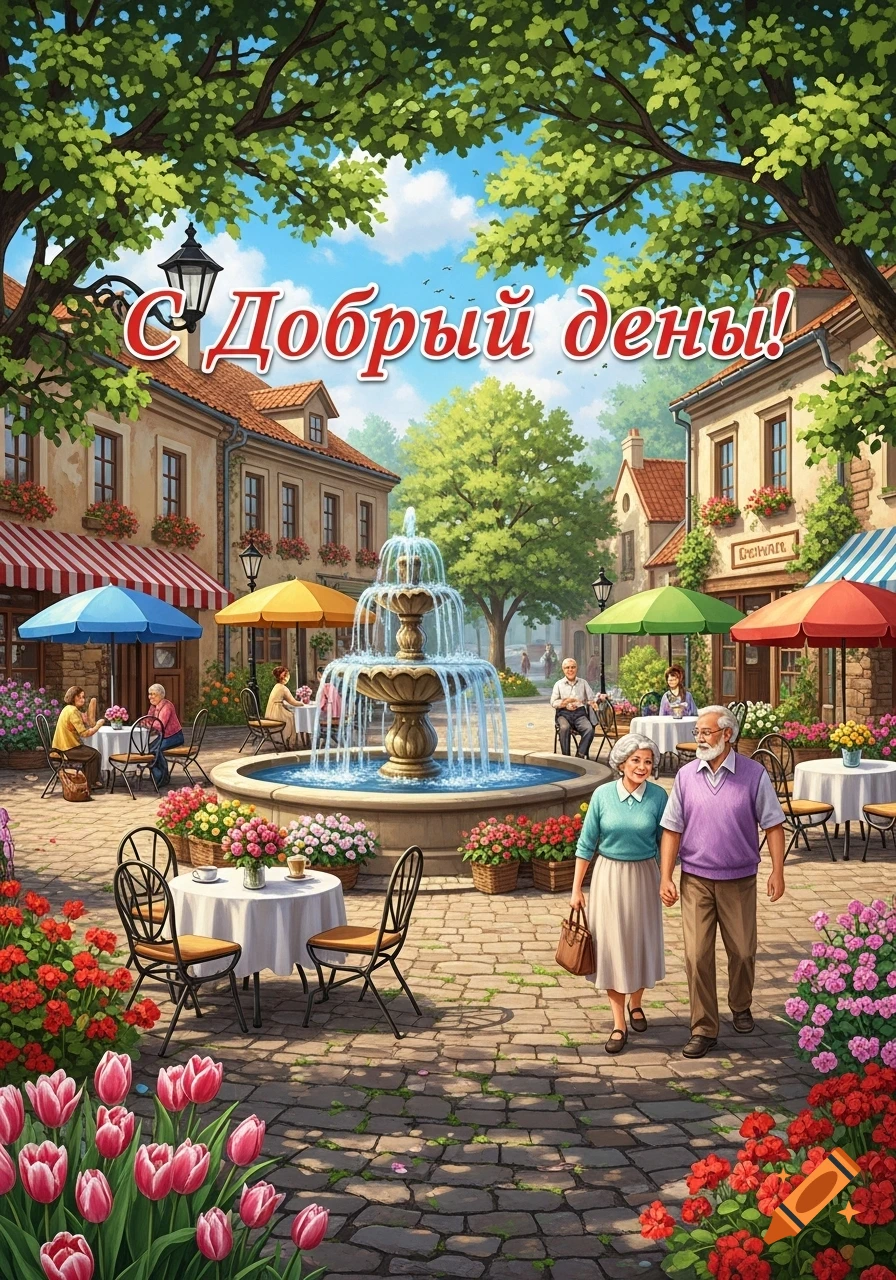 Illustrated town square with a central fountain, outdoor cafes, an elderly couple walking, and vibrant flowers and trees.