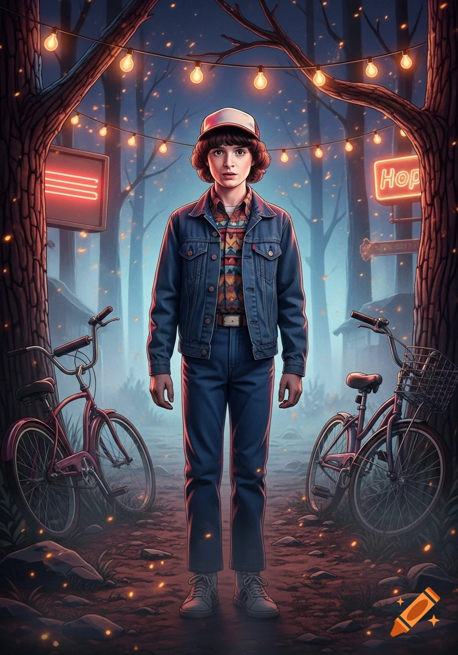 A stylized illustration of a boy resembling Mike Wheeler from Stranger Things, wearing a denim jacket and cap, standing in a dark, glowing forest with string lights and two bicycles.