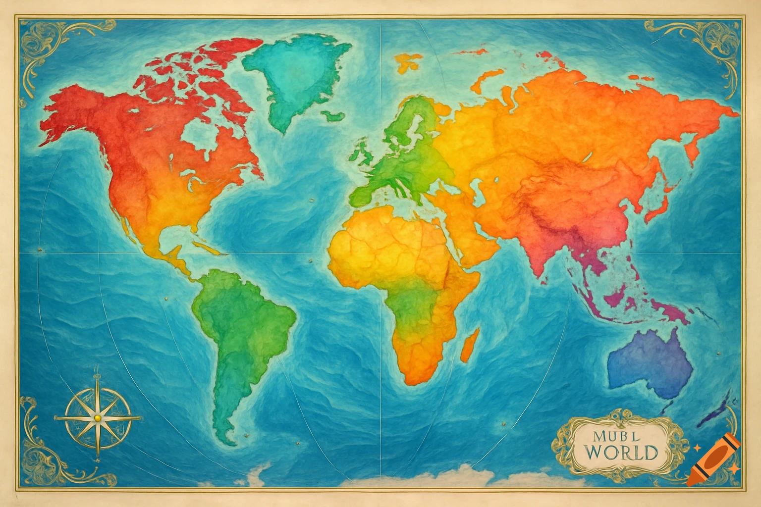 A colorful, stylized world map with continents in a rainbow gradient, surrounded by blue oceans. Features a compass rose and a decorative title cartouche.