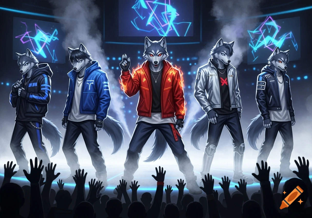 Five anthropomorphic wolf characters, dressed in stylish jackets and pants, perform on a stage with glowing neon backdrops and an audience raising their hands.