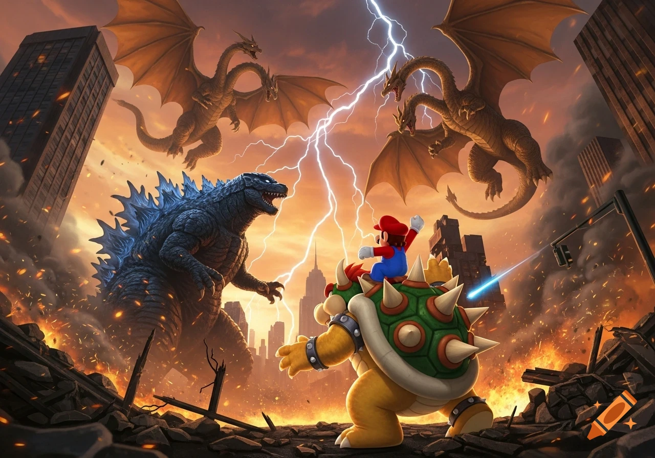 Mario riding Bowser faces Godzilla and two King Ghidorahs in a destroyed city under a lightning storm.