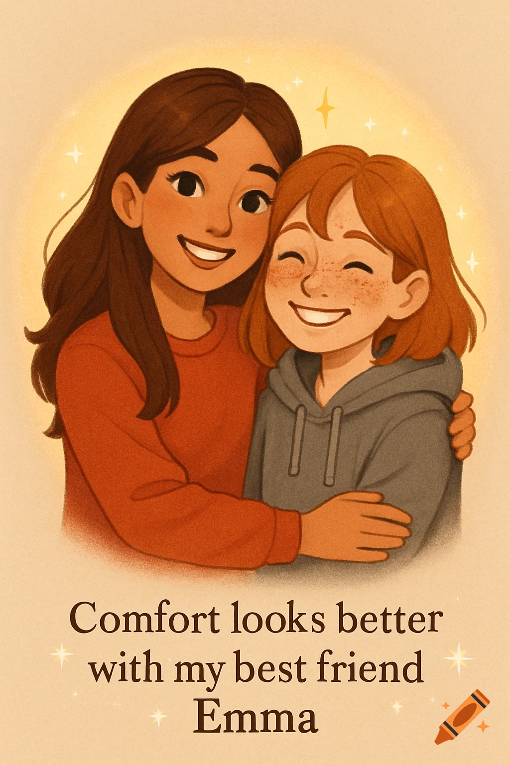 Cozy digital illustration of two smiling best friends, one with brown hair, one with freckles. Text reads 'Comfort looks better with my best friend Emma'.