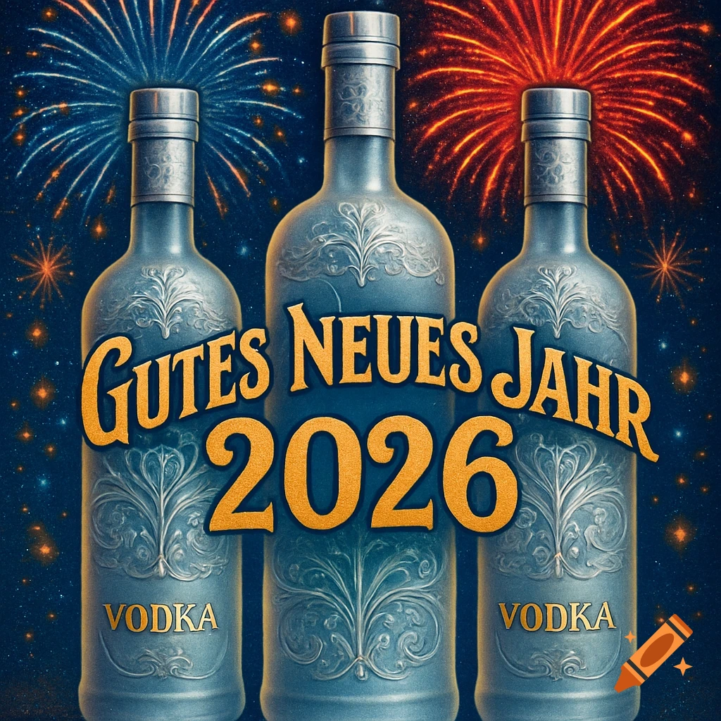 Three ornate vodka bottles with the text 'Gutes Neues Jahr 2026' and 'VODKA' against a festive firework background.