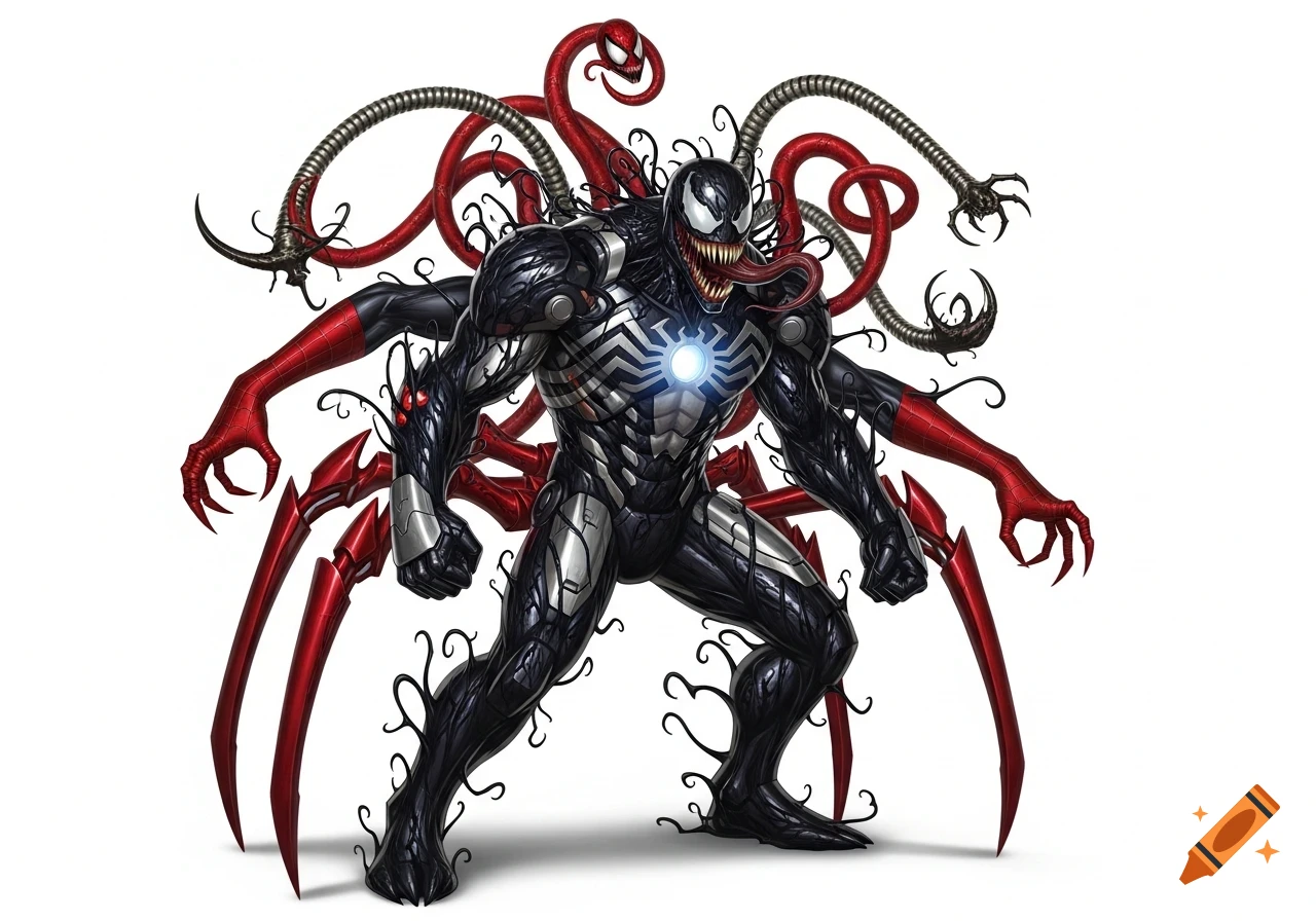 A muscular, menacing black and red supervillain with Venom's face, Iron Man's chest, Doctor Octopus tentacles, and Spider-Man's limbs, stands ready for action.