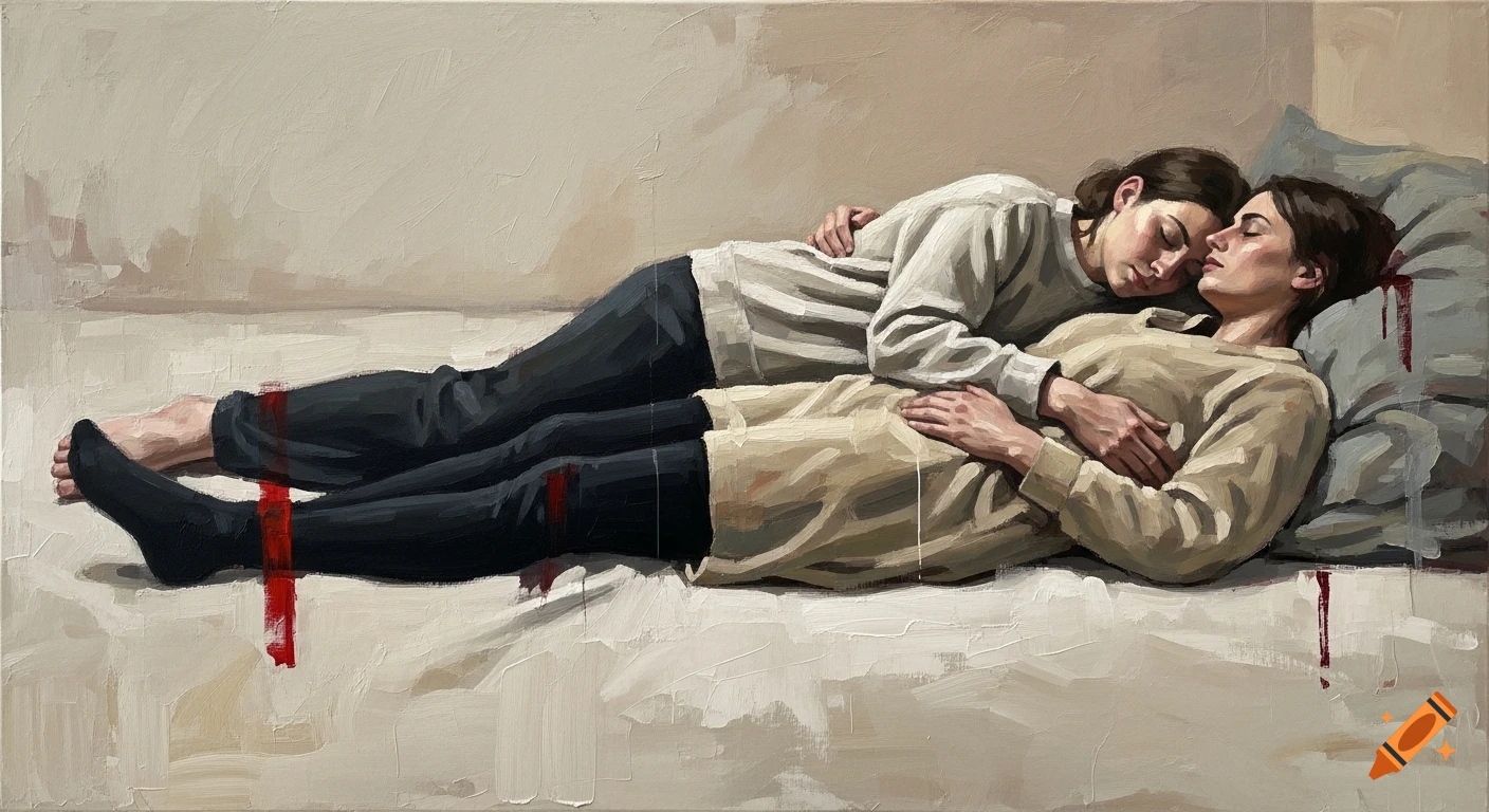 An oil painting of two figures embracing on a bed, with subtle red accents, in a realist-abstract style.