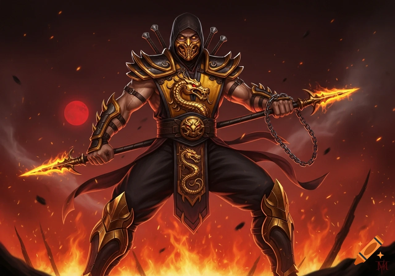 Scorpion from Mortal Kombat in his signature black and gold armor, holding two fiery spears, standing amidst flames under a blood-red sky.