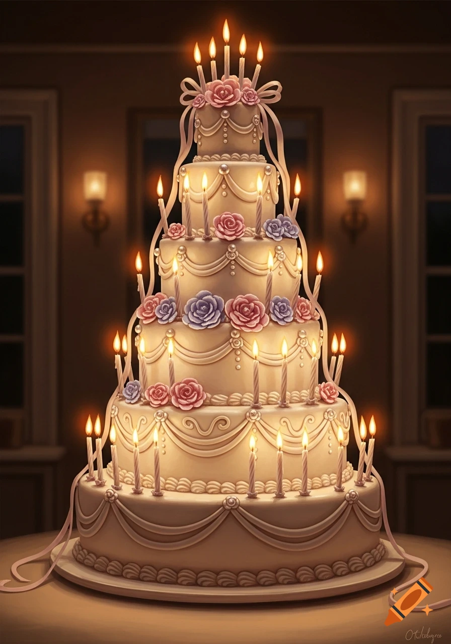 A grand, multi-tiered birthday cake, decorated with pink and purple roses, pearls, ribbons, and many lit candles in a dimly lit room.