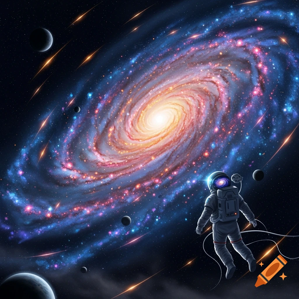 An astronaut floats in deep space with a vibrant spiral galaxy and planets in the background, surrounded by streaks of light.