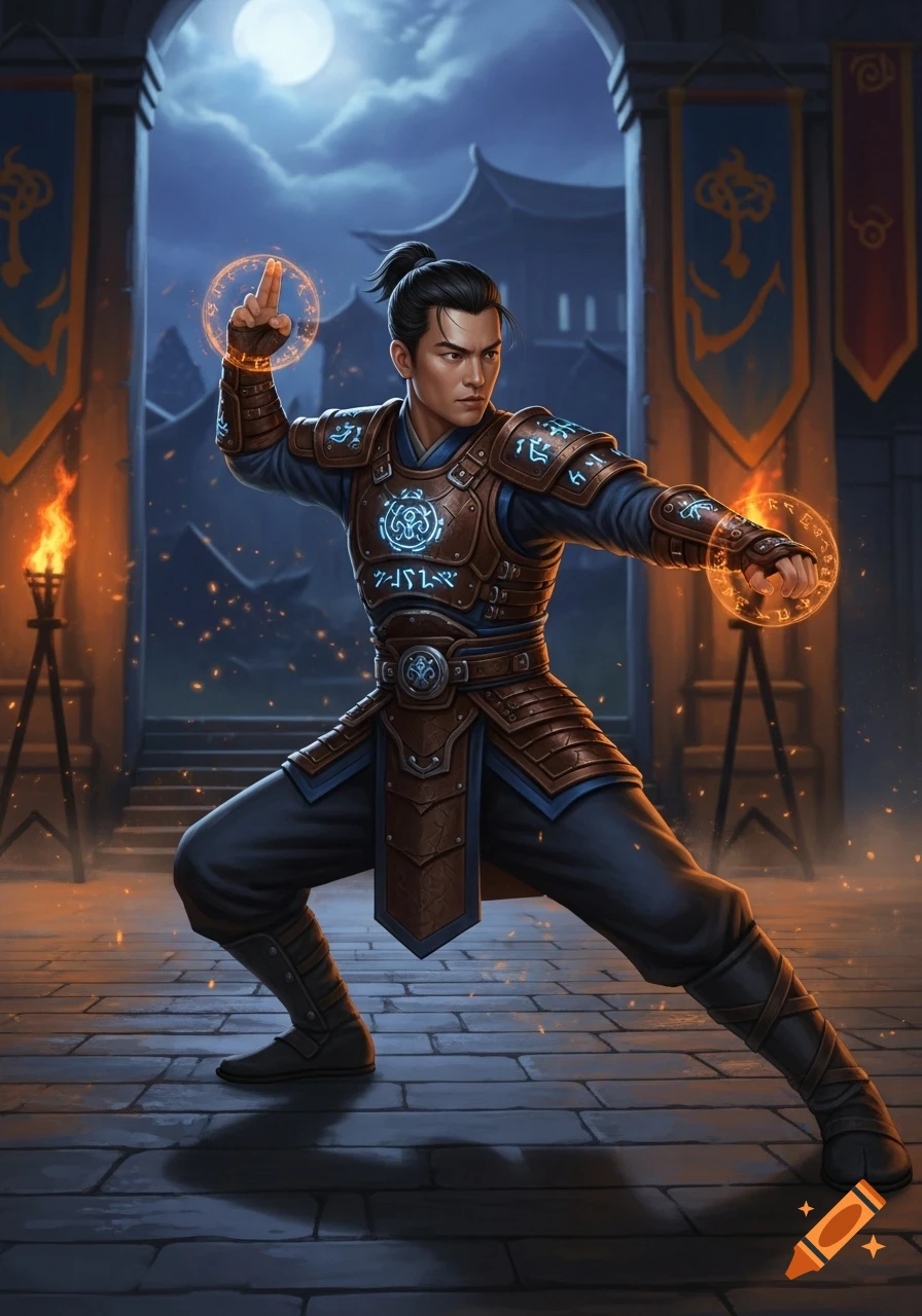 A male martial artist in fantasy armor performs a stance with glowing magical runes in a moonlit, ancient Asian-inspired setting.