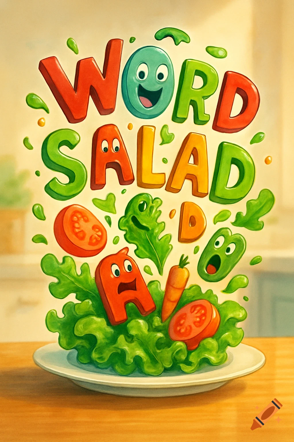 Colorful, whimsical illustration of the words 'WORD SALAD' made from expressive cartoon letters mixed with vegetables on a plate of lettuce.