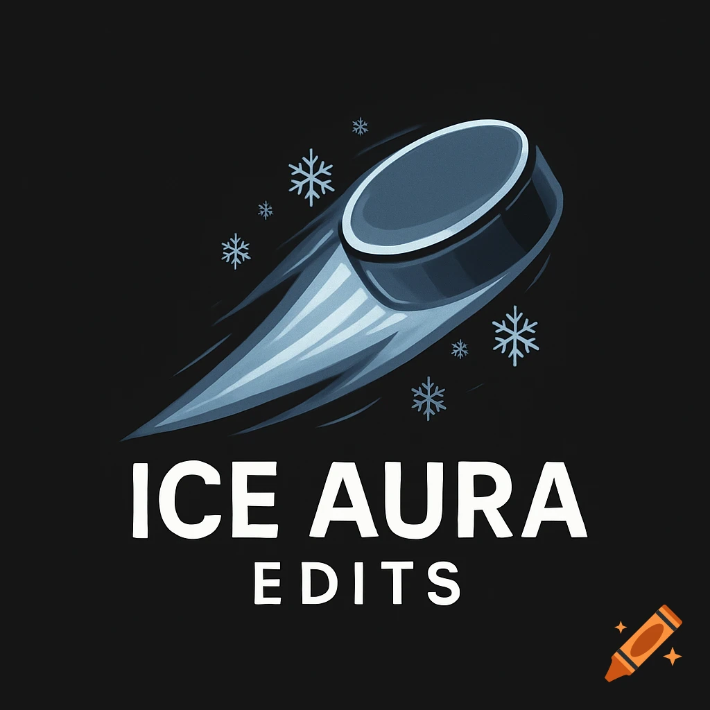 A blue and black logo featuring a hockey puck in motion with snow flakes, and the text 'ICE AURA EDITS' below.