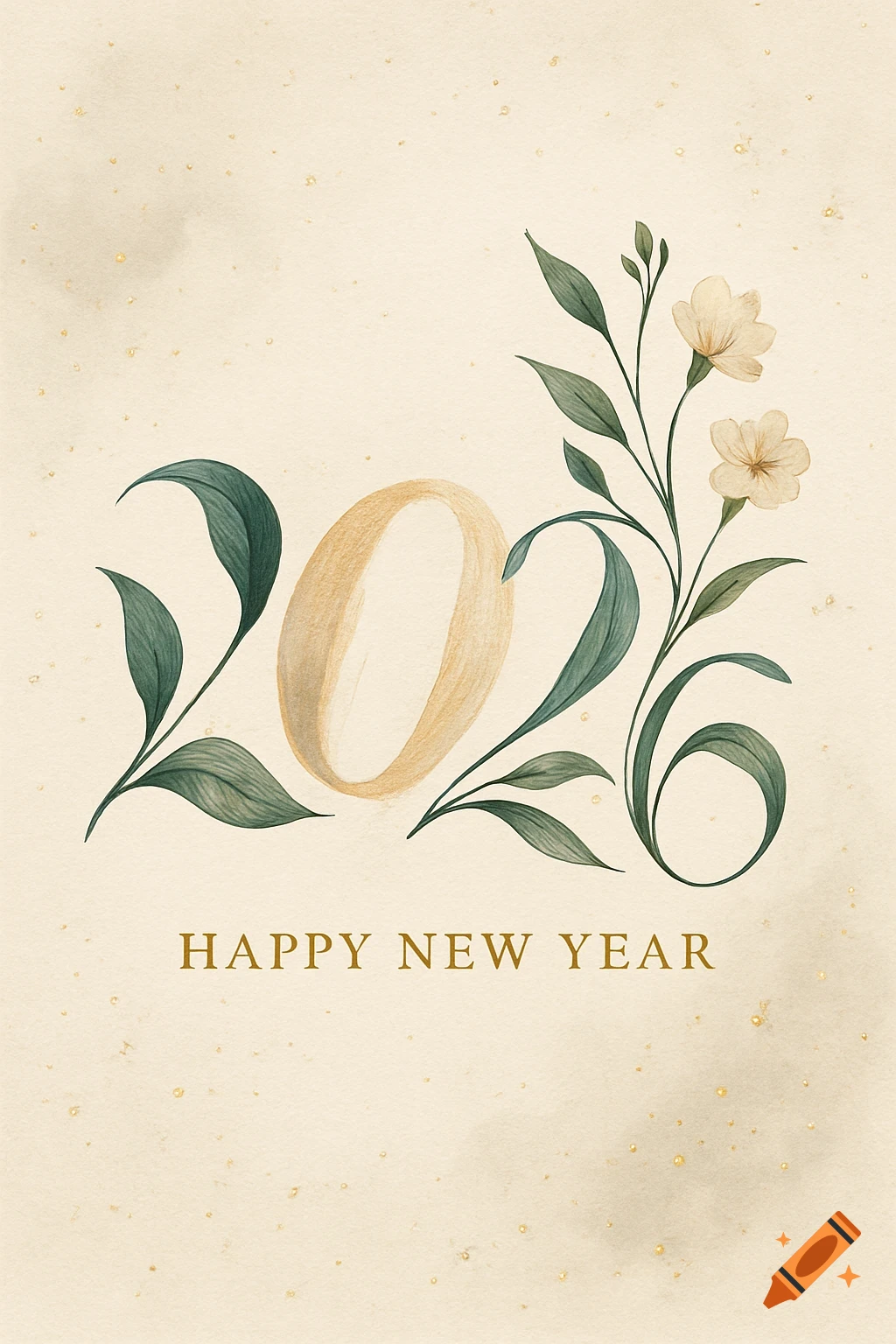 Watercolor New Year's greeting card for 2026 with floral accents and 'HAPPY NEW YEAR' text.