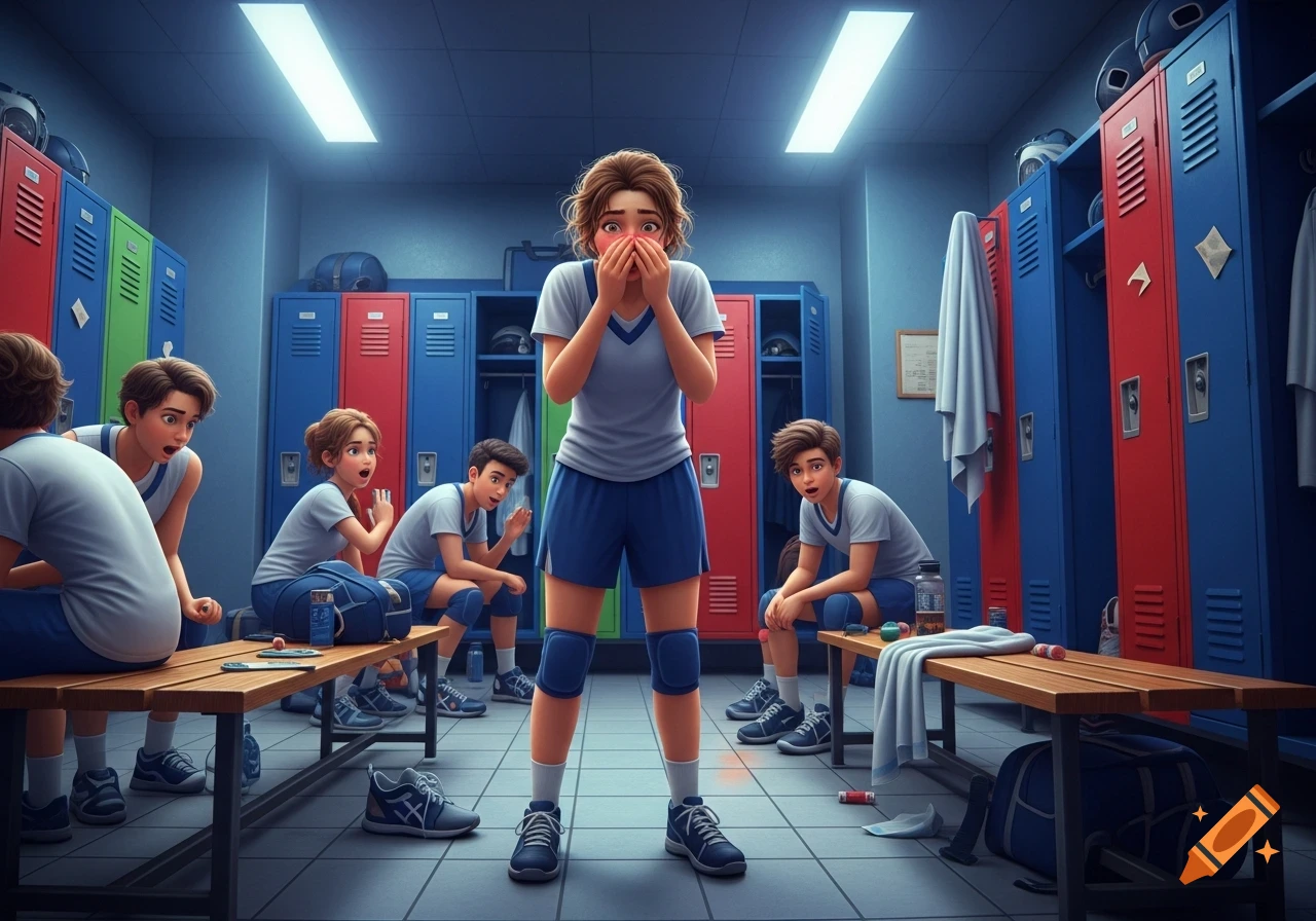 A group of stylized teenagers in a locker room, one girl covers her nose while others look surprised.