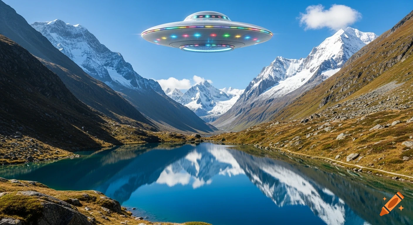 A silver UFO with colorful lights hovers over a vibrant blue mountain lake surrounded by snow-capped peaks under a clear sky.