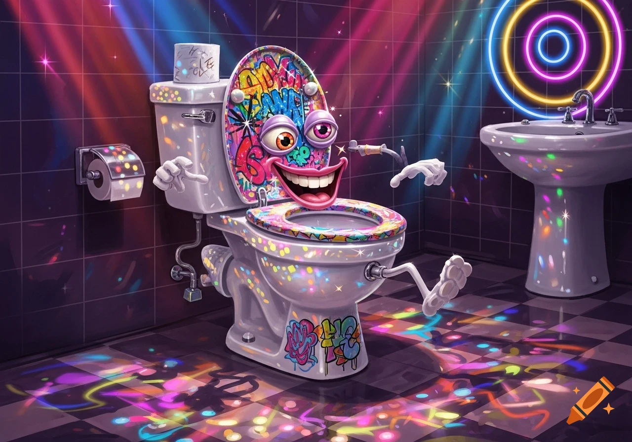 A cartoon anthropomorphic toilet with big eyes and a wide smile, covered in colorful graffiti, in a disco-lit bathroom.