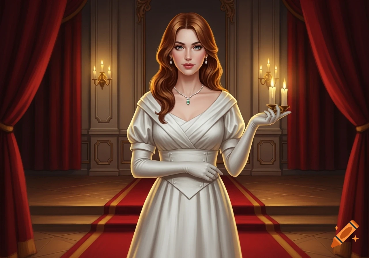 An elegant woman in a white gown and long gloves holds candles in a ...