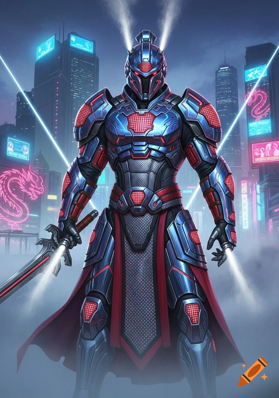 A heavily armored figure with a glowing sword stands in a futuristic cyberpunk city with neon lights and tall buildings.