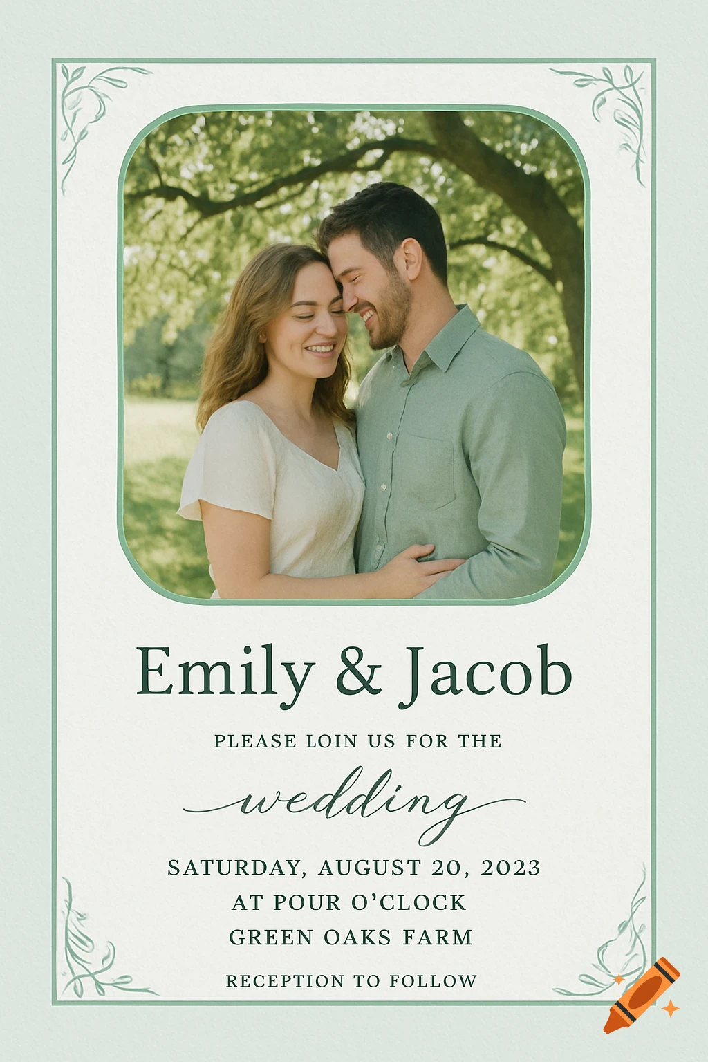 A wedding invitation with a photo of a smiling couple, green borders, and event details.