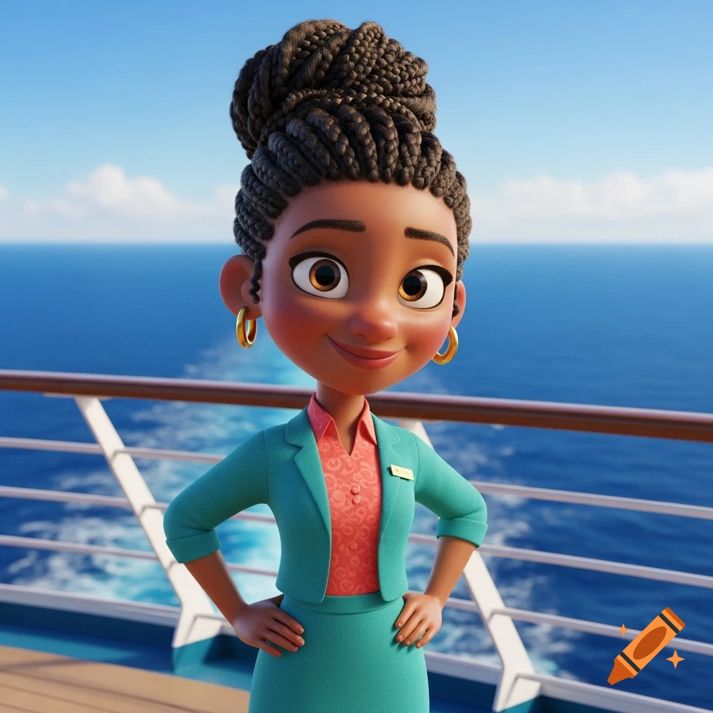Pixar-style 3D animated African American female travel advisor with braided bun, gold hoops, and a teal and coral outfit, smiling on a cruise ship deck overlooking the ocean.