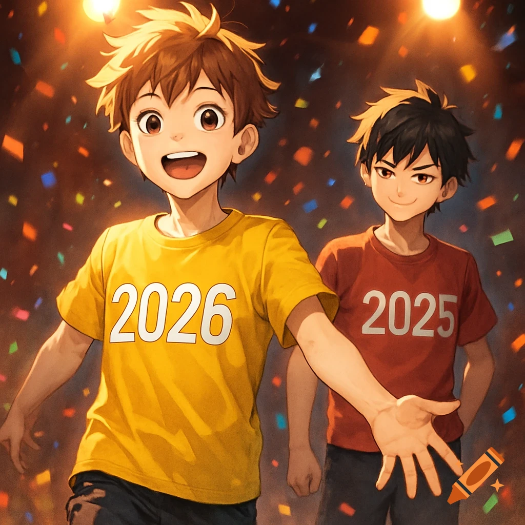 Two anime boys on a spotlighted stage with confetti. One in yellow '2026' shirt grins, the other in red '2025' shirt smiles.