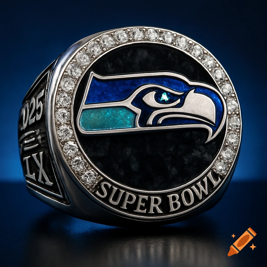 A detailed silver Super Bowl championship ring with the blue and teal Seattle Seahawks logo, diamonds, and 'SUPER BOWL' text.