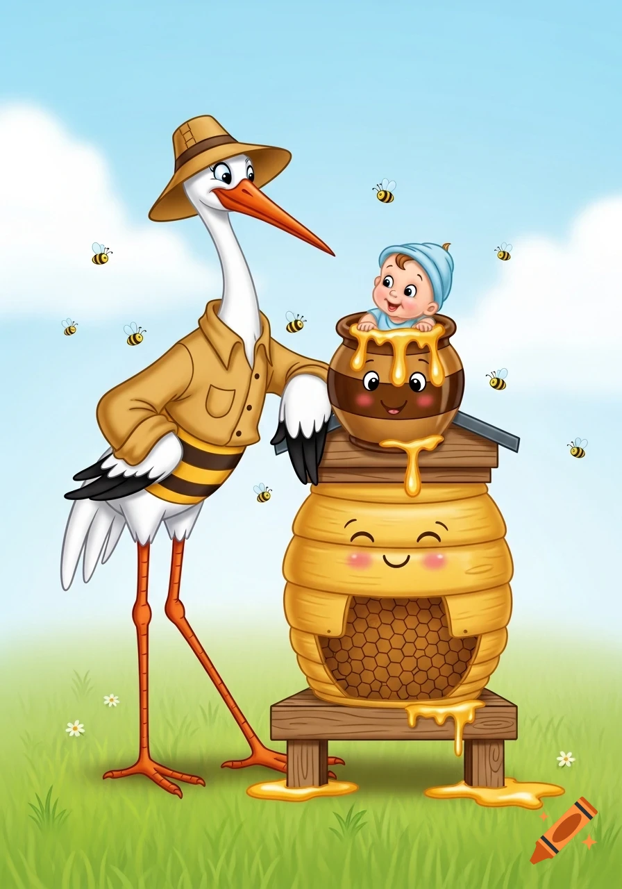 Cartoon stork in a beekeeper hat and jacket leans on a smiling beehive with a baby in a honey pot, surrounded by bees.