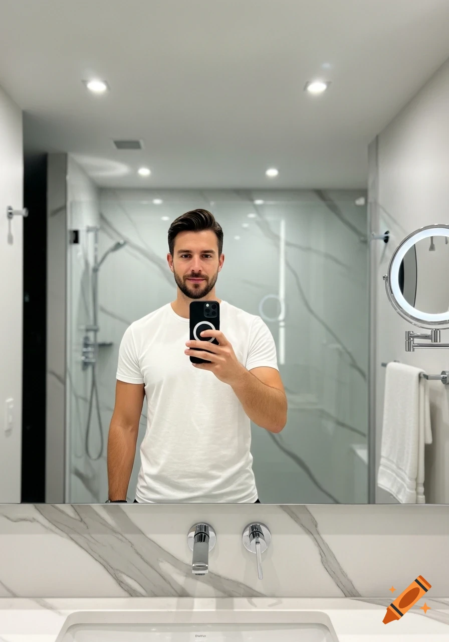 A man in a white t-shirt takes a selfie in a modern bathroom, reflected in the mirror above a white sink.