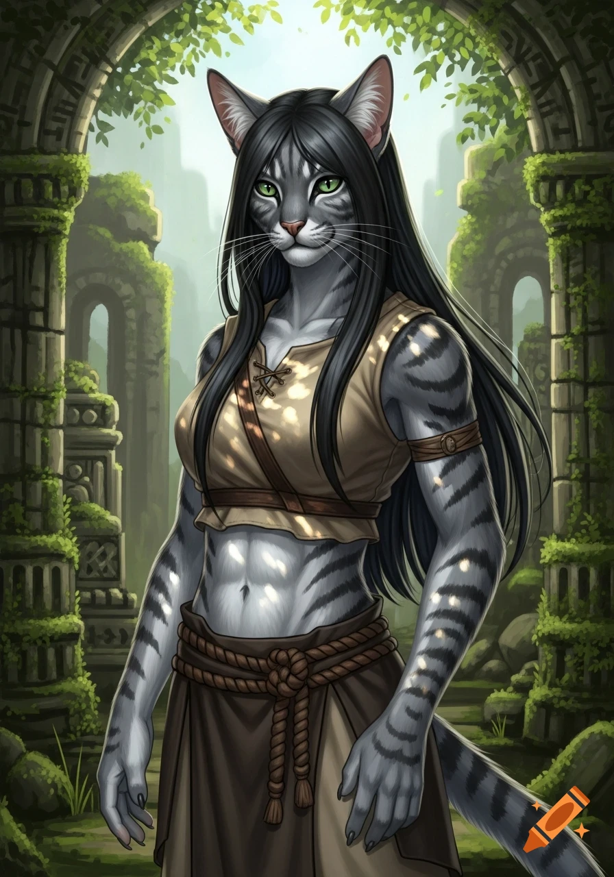 A humanoid female cat with grey striped fur, emerald eyes, and black hair stands among ancient moss-covered ruins in a fantasy digital art style.
