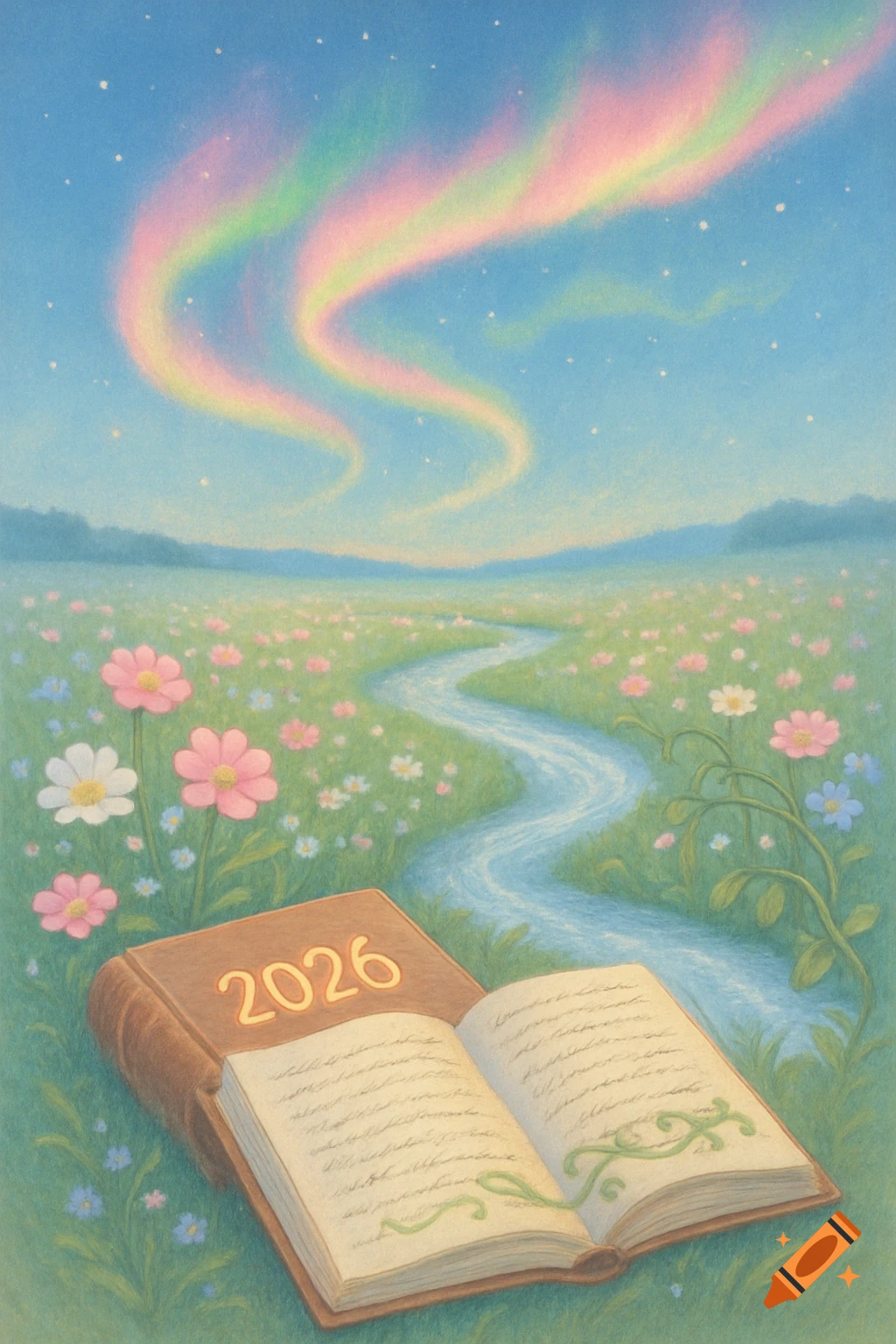 A dreamy landscape with a winding river through a field of colorful flowers, under a sky with rainbow aurora borealis. An open book with illegible script and a closed book with '2026' on its cover rest in the foreground, rendered in a soft, illustrative style.