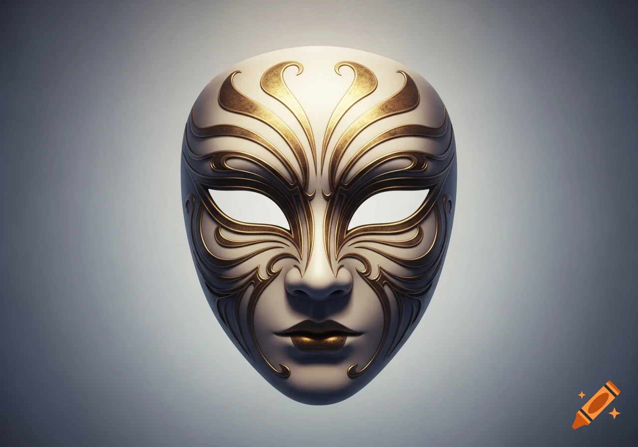 A white and gold ornate mask with intricate swirling patterns, set against a simple gray background.