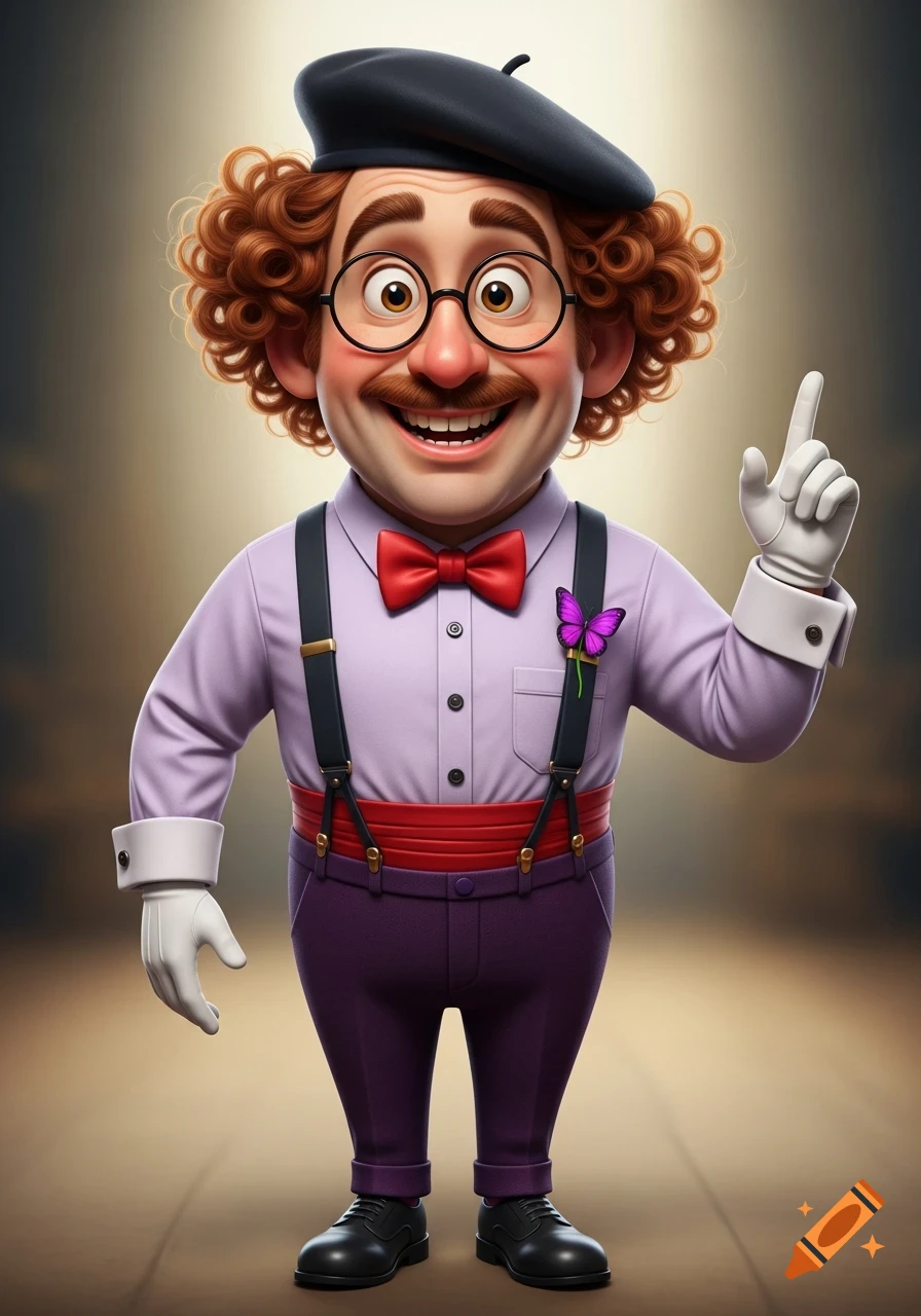 A smiling 3D cartoon man with curly red hair, glasses, mustache, black beret, lavender shirt, red bow tie, suspenders, red cummerbund, purple pants, white gloves, and a purple butterfly on his chest, pointing up.