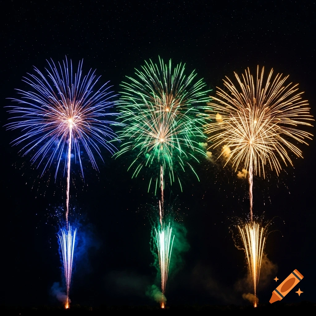Three vibrant fireworks burst in blue, green, and yellow against a dark night sky with visible stars.
