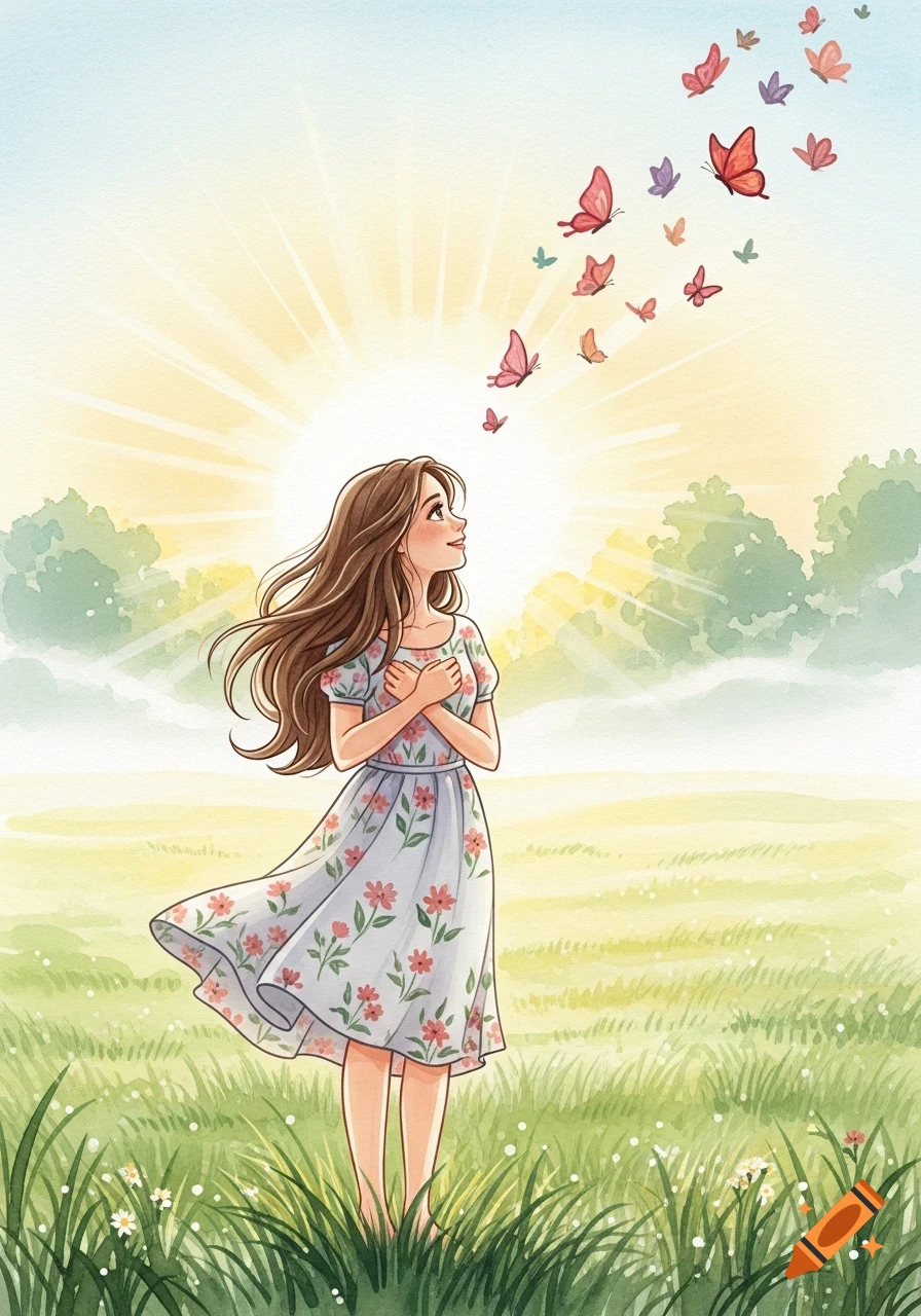 A young girl with long brown hair in a floral dress stands barefoot in a grassy field, looking up at pink and orange butterflies flying towards a bright sun in a watercolor style.