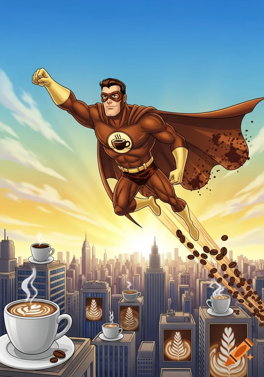 A cartoon superhero in a brown suit with a coffee cup logo flies over a city at sunrise, leaving a trail of coffee beans. Steaming coffee cups on buildings.