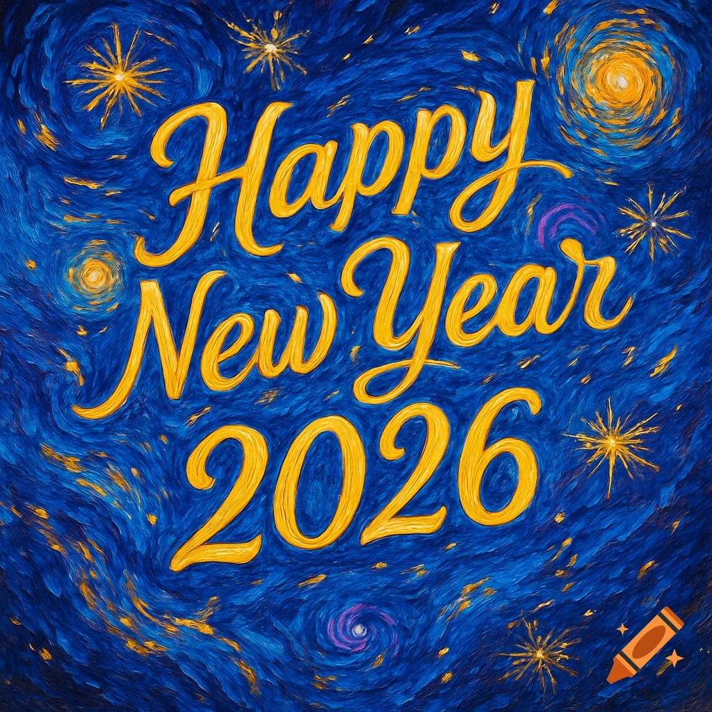 Golden 'Happy New Year 2026' text over a dark blue, swirling, starry night background in a Van Gogh style.