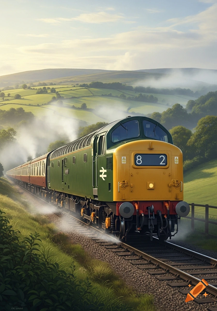 A green and yellow British diesel train with passenger carriages travels through a misty, verdant hilly landscape at sunrise.