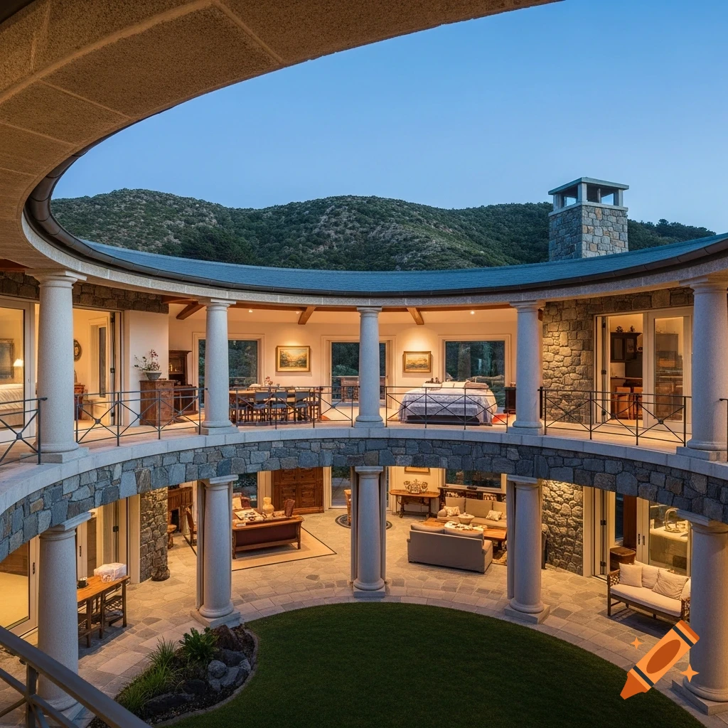A multi-story circular stone house with columns and balconies overlooking a grassy courtyard, against hills and a twilight sky.