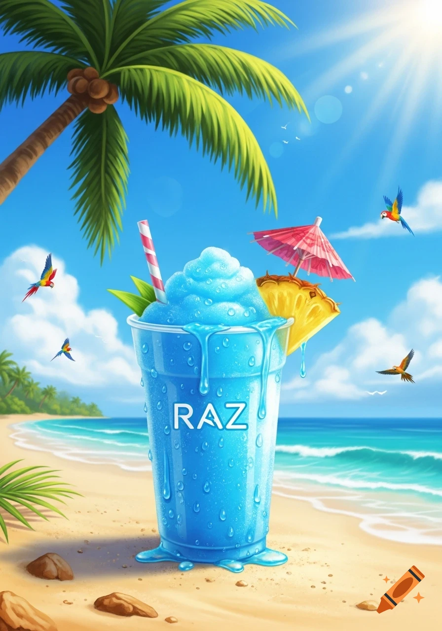 A vibrant blue Raz slushie on a tropical beach with palm trees, ocean, and flying parrots, cartoon style.