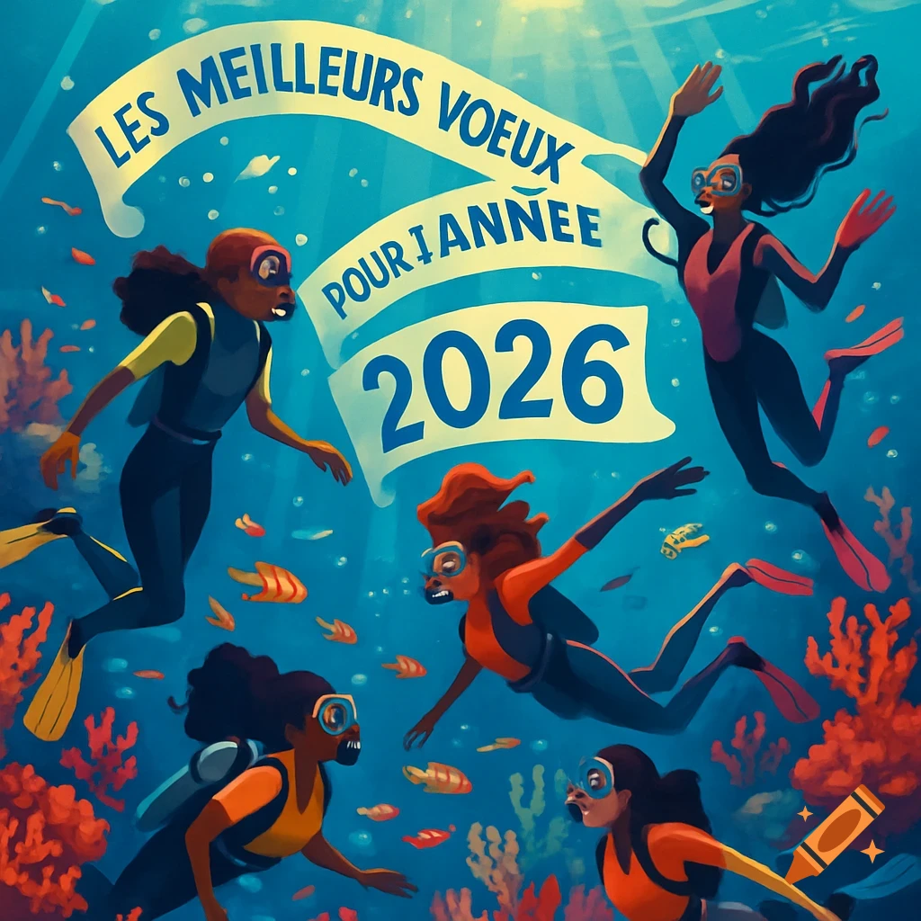 Stylized illustration of women scuba diving in a vibrant coral reef, with a banner wishing 'Best wishes for the year 2026'.