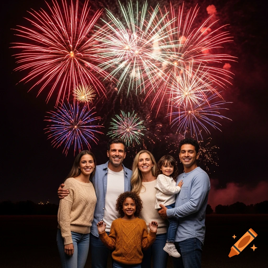 A multiracial family of five smiles at the camera with vibrant fireworks exploding in the night sky behind them.